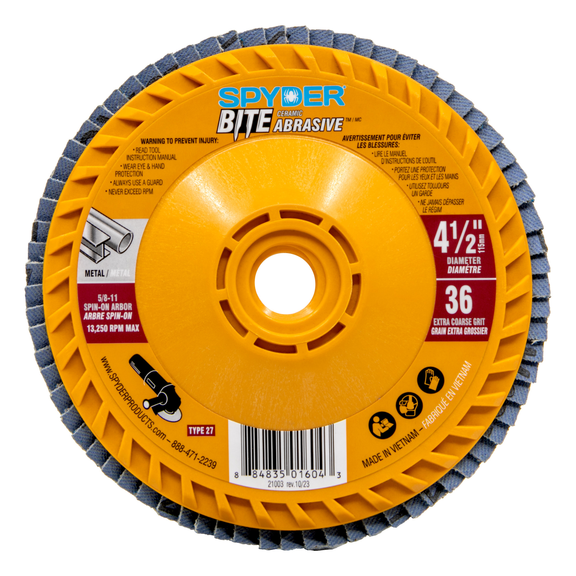 SPYDER, Bite 4.5in. Ceramic 36-Grit Flap Disc, Wheel Diameter 4.5 in, Wheels (qty.) 1 Model# 21003